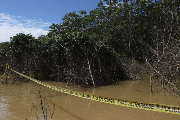 Police tape cordons off an area where Indigenous expert Bruno Pereira and freelance British journalist Dom Phillips disappeared in Atalaia do Norte, Brazil, on June 14.