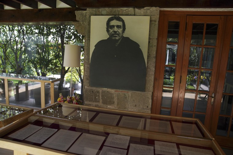 A collection of letters are displayed in a room decorated with a photograph of late Colombian writer Gabriel García Márquez at his home in Mexico City, on June 15, 2022.
