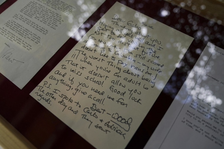 A letter from American film director, Woody Allen is displayed during an exhibition at the home of the Colombian writer Gabriel García Márquez in Mexico City.