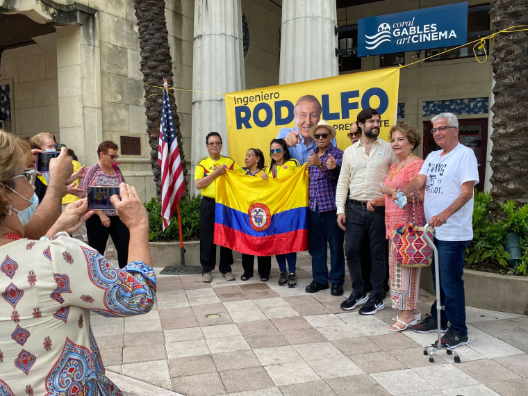 Supporters of Colombian presidential candidate Rodolfo Hernandez, near the Colombian consulate in Coral Gables, Fla. on Wednesday.
