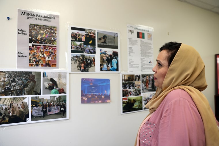 Roshan Mashal put photos of women in Afghanistan up on the walls of her office at the University of Texas at Arlington. They are a reminder of the ongoing struggle back home, she said.