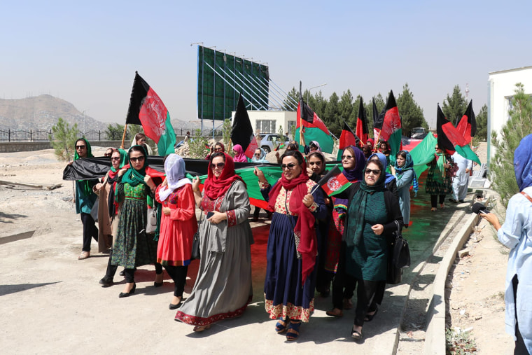 Roshan Mashal, center, leading a march for women’s rights in Afghanistan, before the U.S. withdrawal from the country.