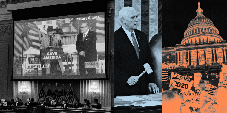 Photo illustration of the Jan. 6 committee showing video of attorney John Eastman speaking on Jan. 6, 2021; former President Mike Pence at the Capitol before certifying the election votes; and rioters approaching the Capitol on Jan. 6.