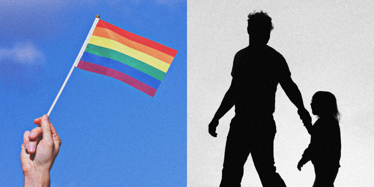 Photo illustration of a hand holding a PRIDE flag against the sky, and a father holding his young daughters hand.