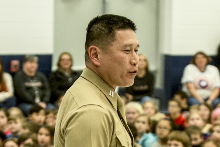 U.S. Marine Capt. Grady Kurpasi speaks to students during an assembly at Swansboro Elementary School in Swansboro, N.C., on Jan. 25, 2019.