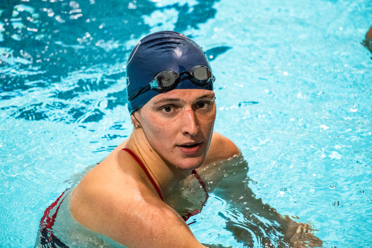 Lia Thomas finishes the 200 yard Freestyle for the University of Pennsylvania at an Ivy League swim meet against Harvard University in Cambridge, Mass., on Jan. 22, 2022.