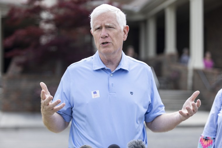 Rep. Mo Brooks speaks with the media after voting in Alabama's state primary in Huntsville, Ala., on May 24, 2022.