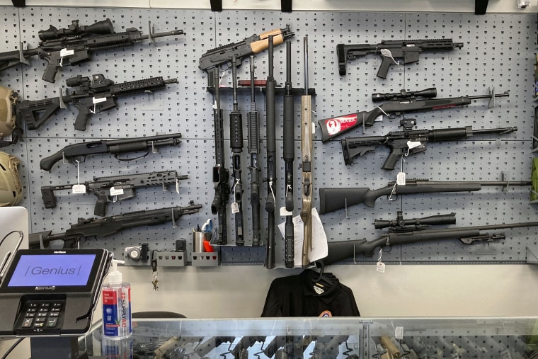 Firearms at a gun shop in Salem, Ore., in 2021.