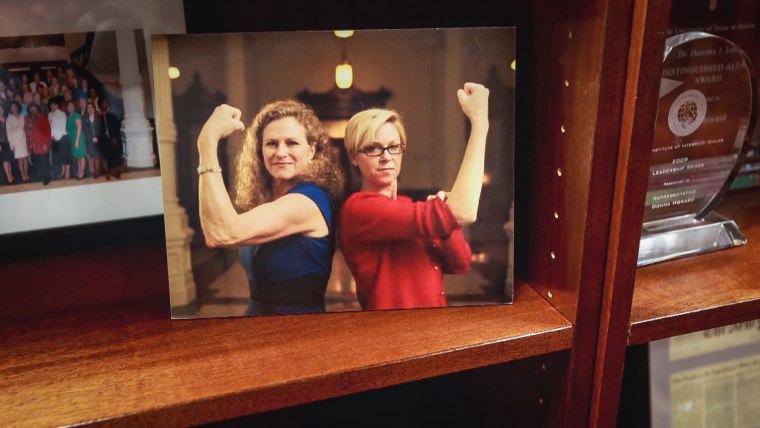 Photo of lawmakers Donna Howard and Sarah Davis in Howard’s office at the Texas State Capitol.