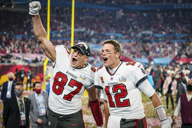 Tampa Bay Buccaneers tight end Rob Gronkowski, left, and quarterback Tom Brady celebrate together after the NFL Super Bowl 55 football game against the Kansas City Chiefs on Feb. 7, 2021, in Tampa, Fla. The Tampa Bay Buccaneers defeated the Kansas City Chiefs 31-9.