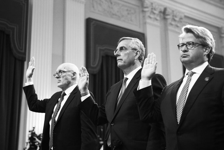 Rusty Bowers, Arizona House speaker, Brad Raffensperger, Georgia's secretary of state, and Gabriel Sterling, Georgia's secretary of state chief operating officer, are sworn in for a hearing of the Select Committee to Investigate the January 6th Attack on the U.S. Capitol on June 21, 2022.