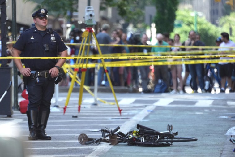 A New York taxi cab jumped the curb and struck several people in central Manhattan, on June 20, 2022, sending six people to local hospitals, including three with life-threatening injuries, authorities said. 