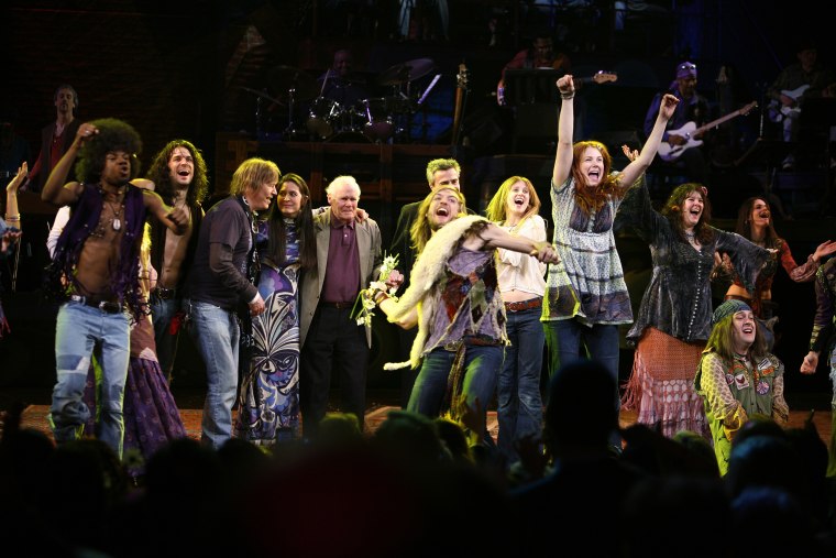 From third left, James Rado, Diane Paulus and Galt MacDermot with cast members during the opening night curtain call for "Hair" at the Al Hirschfeld Theatre in New York on March 31, 2009.