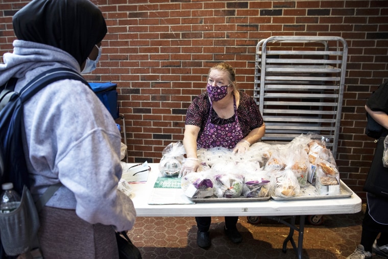 Free lunches are given out at Deering High School