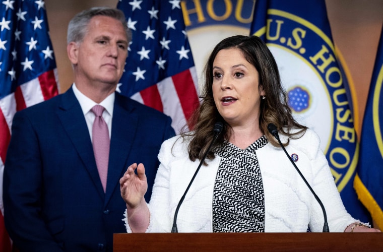 Image: House Minority Leader Kevin McCarthy and Rep. Elise Stefanik, R-N.Y., and chair of the House Republican Conference, holds a press conference on Capitol Hill  June 9, 2022.