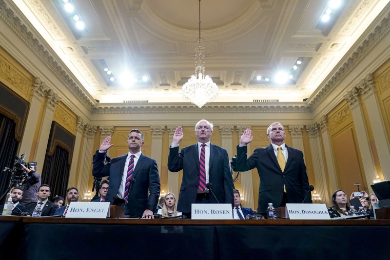 Image: Steven Engel, former Assistant Attorney General for the Office of Legal Counsel, from left, Jeffrey Rosen, former acting Attorney General, and Richard Donoghue, former acting Deputy Attorney General, are sworn in to testify as the House select committee