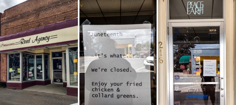 An insurance agency in Maine posted a sign on the window Monday that read, "Juneteenth ~it's whatever... We're closed. Enjoy your fried chicken & collard greens."