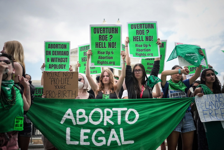 Abortion rights advocates hold signs outside the Supreme Court after the court overturned Roe v Wade.