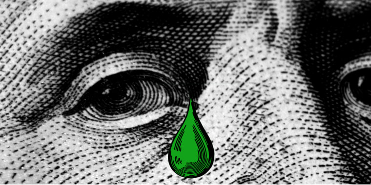 Photo illustration: A green tear over the close-up of the eyes of the portrait of Benjamin Franklin from a hundred dollar bill.