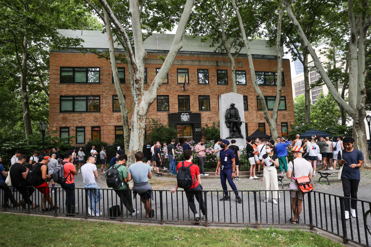 People line up outside of the Department of Health & Mental Hygiene clinic in New York City, on June 23, 2022, as vaccines are made available to residents possibly exposed to monkeypox.