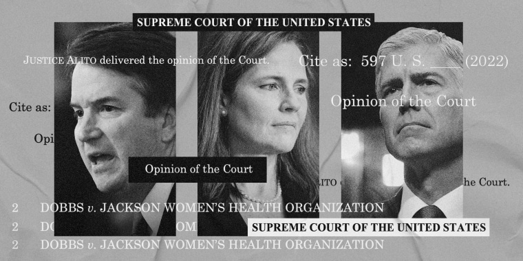 Photo illustration of Supreme Court Justices Brett Kavanuagh, Amy Coney Barrett and Neil Gorsuch with text from the SCOTUS opinion on Dobbs v. Jackson Women's Health Organization.