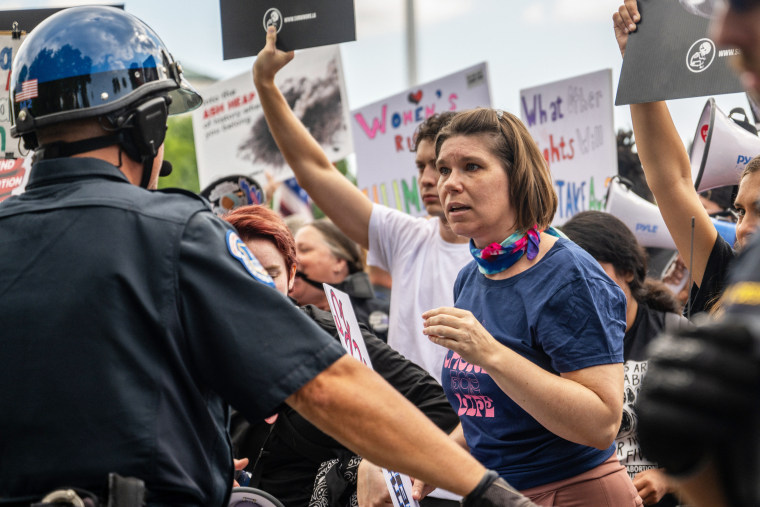 Demonstrators argue with law enforcement in front of the Supreme Court