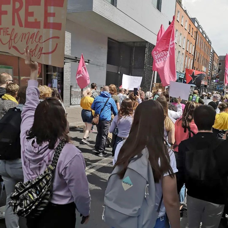 Abortion rights supporters march to the U.S. Embassy in Dublin, Ireland.
