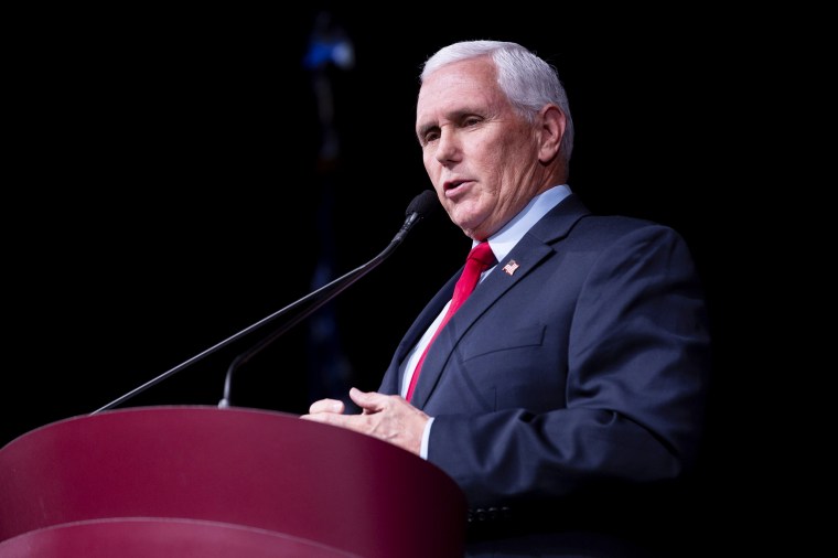 Former Vice President Mike Pence speaks at Stanford University's Dinkelspiel Auditorium on Feb. 17 in Palo Alto, Calif.