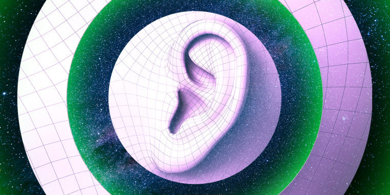 Photo illustration: A ear with a wireframe interspersed with an image of the starry galaxy.