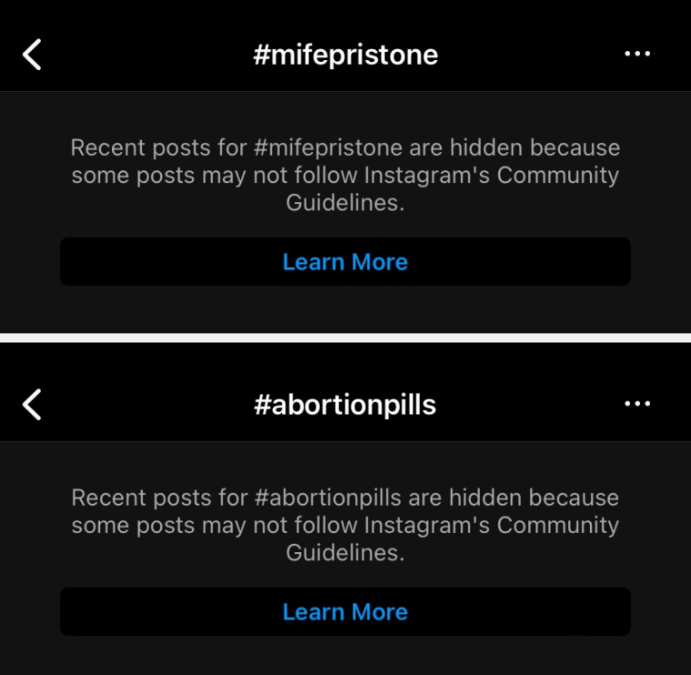Instagram has appended these warnings to the searches of certain hashtags related to abortion pills.