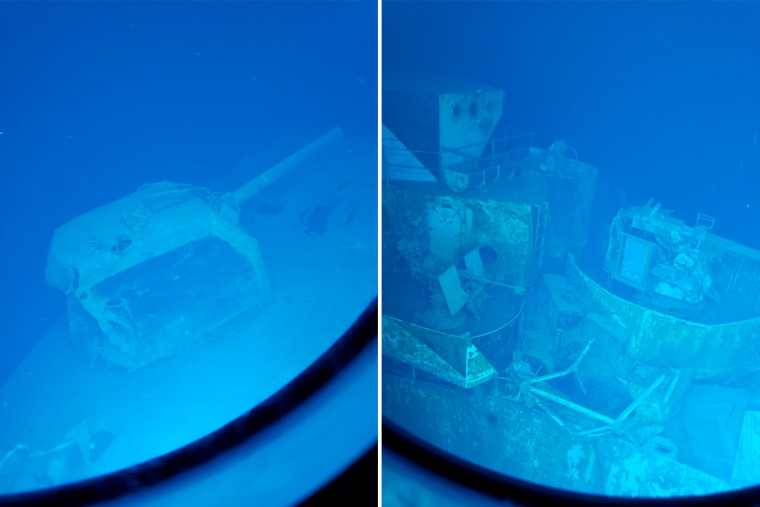From left: The aft gun mount and the pilot house section of the USS Samuel B. Roberts are seen along the ocean floor. 
