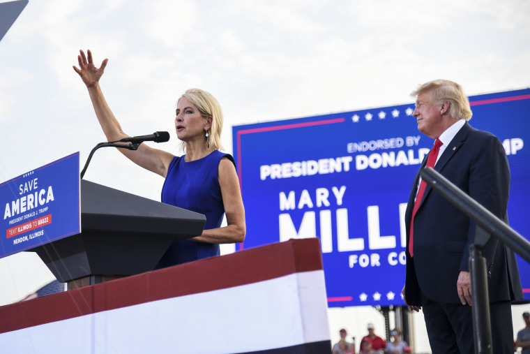 Image: U.S. Representative Mary Miller (R-IL) gives remarks after receiving an endorsement during a Save America Rally with former President Donald Trump on June 25, 2022 in Mendon, Illinois.