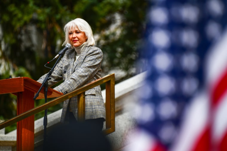 Mesa County Clerk and Recorder Tina Peters during the rally at the west steps of Colorado State Capitol building in Denver on April 5, 2022.