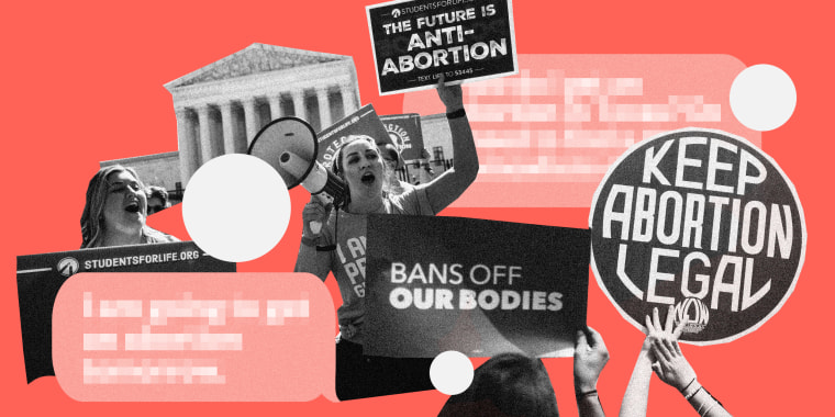 Photo illustration of anti-abortion advocates and abortion rights advocates outside of the Supreme Court, and pixelated text messages.