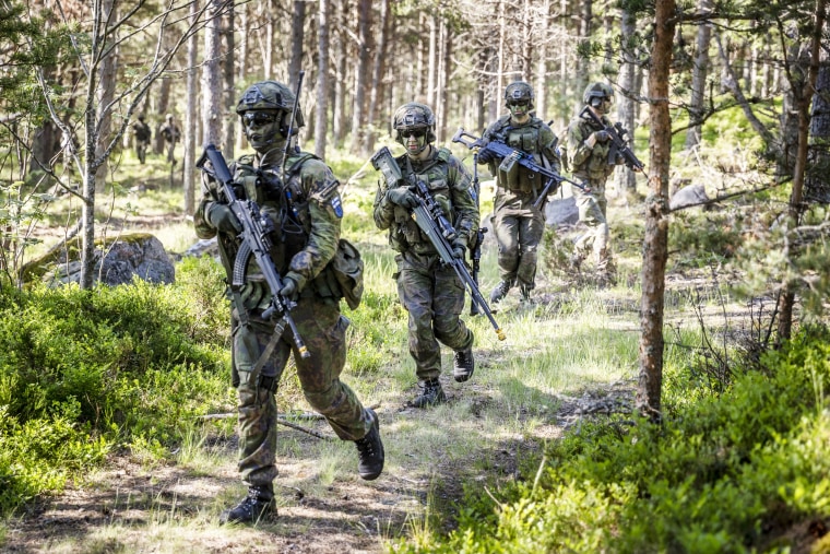Swedish and Finnish soldiers perform war simulation exercises