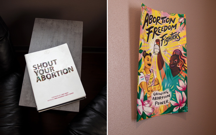 A book and a poster inside Whole Women’s Health clinic in Austin, Texas, on Tuesday.