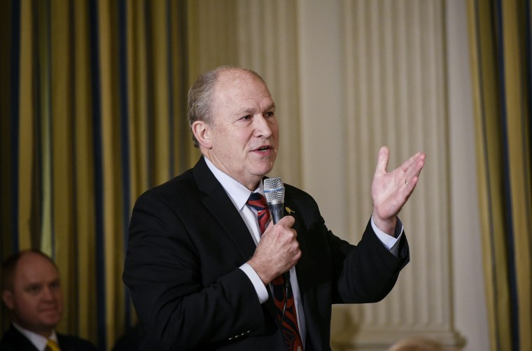 Alaska Gov. Bill Walker asks President Barack Obama a question after Obama during the National Governors Association meeting on Feb. 22, 2016, at the White House.