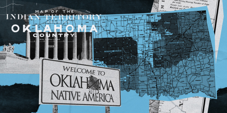Photo illustration of tribal land divisions in Oklahoma, the Supreme Court in Washington, and a "Welcome to Oklahoma Native America" sign.