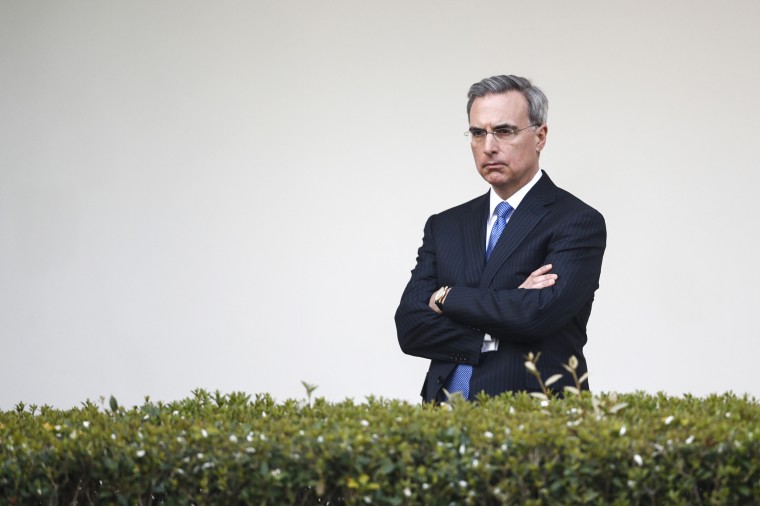 White House counsel Pat Cipollone listens as President Donald Trump speaks in the Rose Garden of the White House on March 29, 2020.