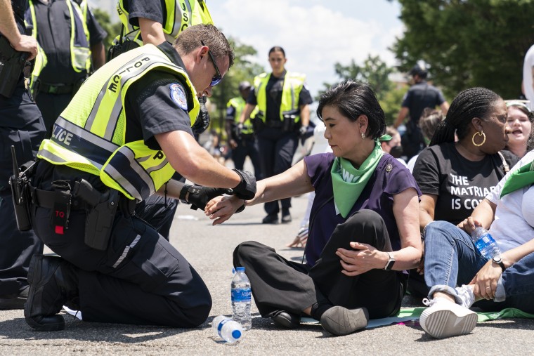 Rep. Judy Chu, D-Calif., is arrested by Capitol Police with over a hundred people during an act of civil disobedience during a protest for abortion-rights on June 30, 2022, in Washington.