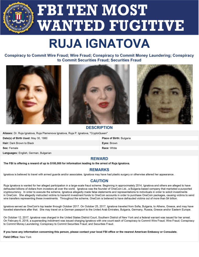 Image: Ruja Ignatova on the FBI's "Ten Most Wanted Fugitive" list.