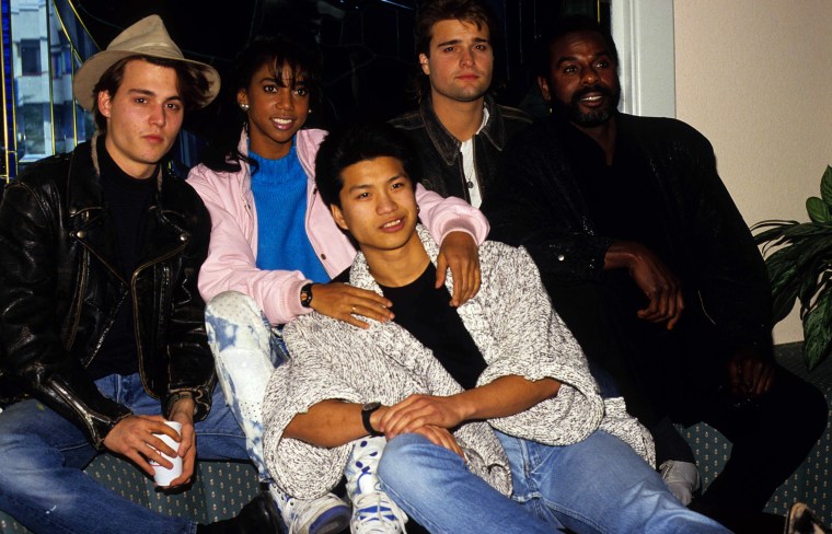 Johnny Depp, Holly Robinson, Dustin Nguyen, Peter DeLuise and Steven Williams appear at the Sherman Oaks Galleria Mall in Los Angeles on Dec. 18, 1987.