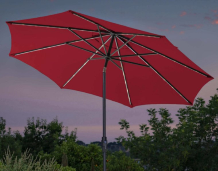 The recalled 10-foot Solar LED Market Umbrella with LED lights on the arms of the umbrella.