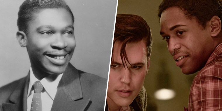 (L) B.B. King in Los Angeles, Calif., 1952. (R) Austin Butler as Elvis and Kelvin Harrison Jr. as B.B. King in "Elvis." 