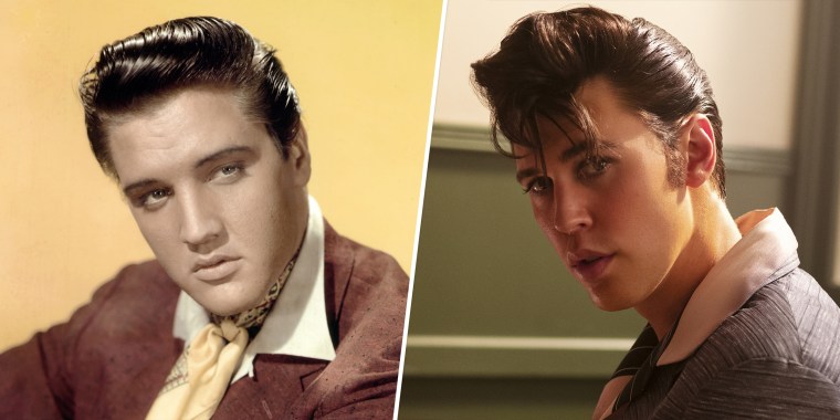 (L) Elvis Presley promoting the movie "King Creole" in 1958. (R) Austin Butler as Elvis.