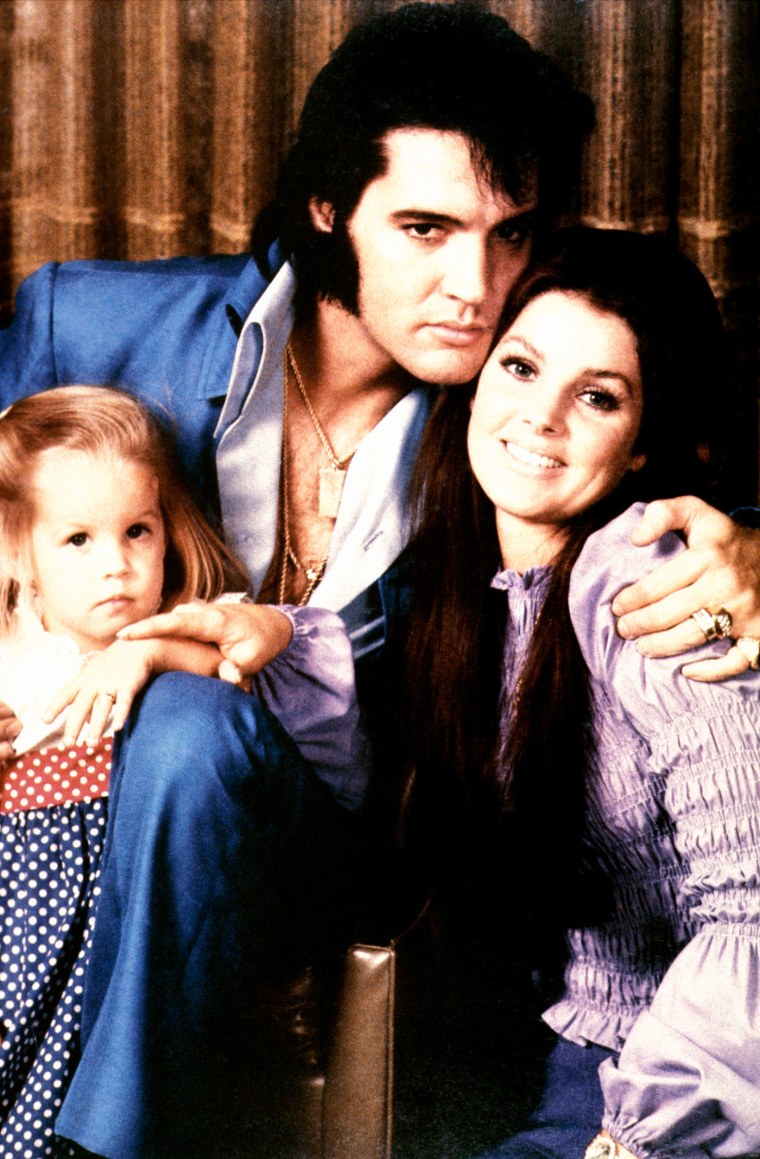 Lisa-Marie Presley and Priscilla Presley and Elvis Presley in 1970.