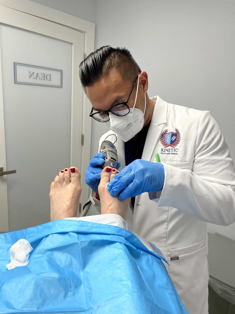 Dr. Visperas used a nail bur, which looked like a small version of a power sander, to remove the dead skin from my feet.