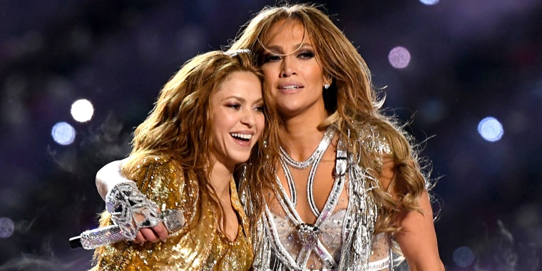 Shakira (L) and Jennifer Lopez perform onstage during the Pepsi Super Bowl LIV Halftime Show at Hard Rock Stadium on February 2, 2020 in Miami.