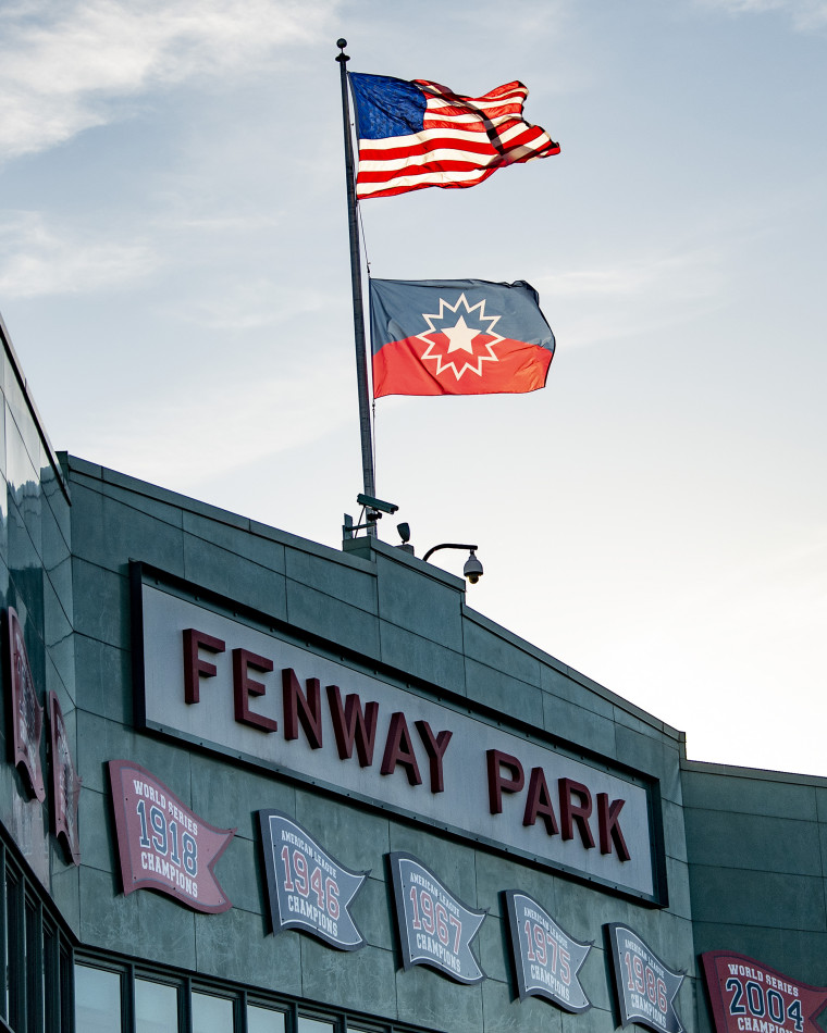 A flag in recognition of Juneteenth is displayed as the Major League Baseball season is postponed due the coronavirus pandemic on June 18, 2020 at Fenway Park in Boston, Massachusetts.