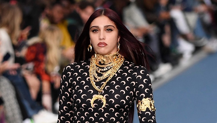 Lourdes Leon presents a creation by Marine Serre during the Menswear Ready-to-wear Spring-Summer 2023 Fashion Week in Paris on June 25, 2022.